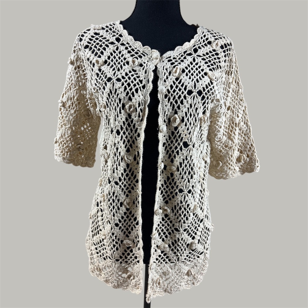 Hampshire Studio Crochet Knit Open Front Cardigan Sweater Beige 3/4 Sleeve Sz SM